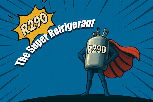 Refrigerant can with a superhero cape on a blue background, labeled 'R290 The Super Refrigerant'.