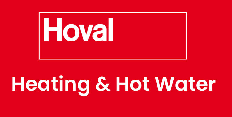 White text that reads "Hoval" at the top inside a white rectangle and "Heating & Hot Water" at the bottom set against a red background