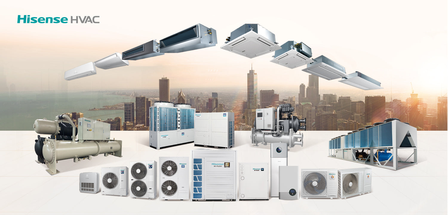 A lineup of various Hisense HVAC units with a city scape in the background and plain white plain in the foreground, a logo reading "Hisense HVAC" is in the top left corner