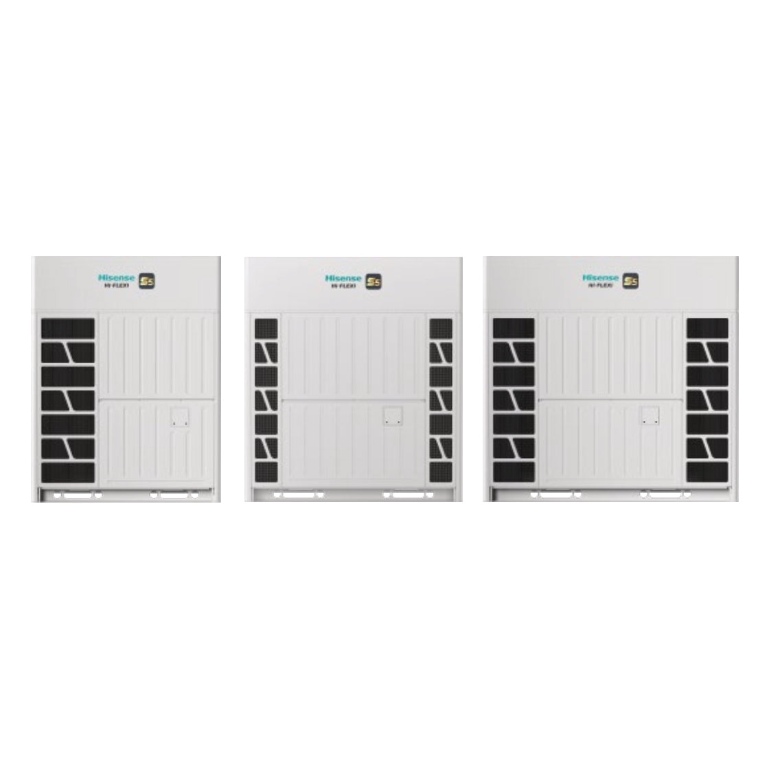 Three white air conditioning units with black grilles on a white background