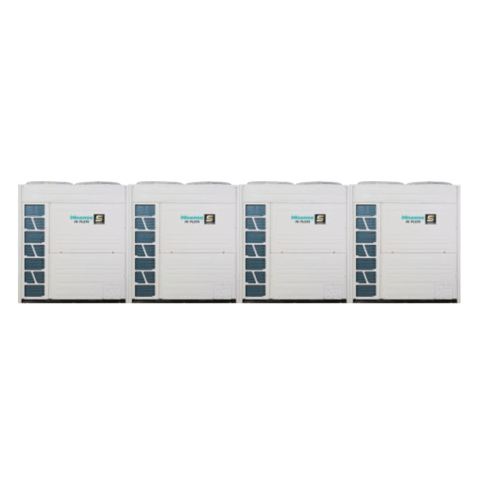 Four white air conditioning units with blue accents on a white background