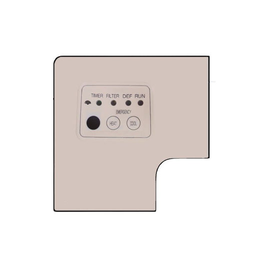 Control panel with buttons and labels on a beige background
