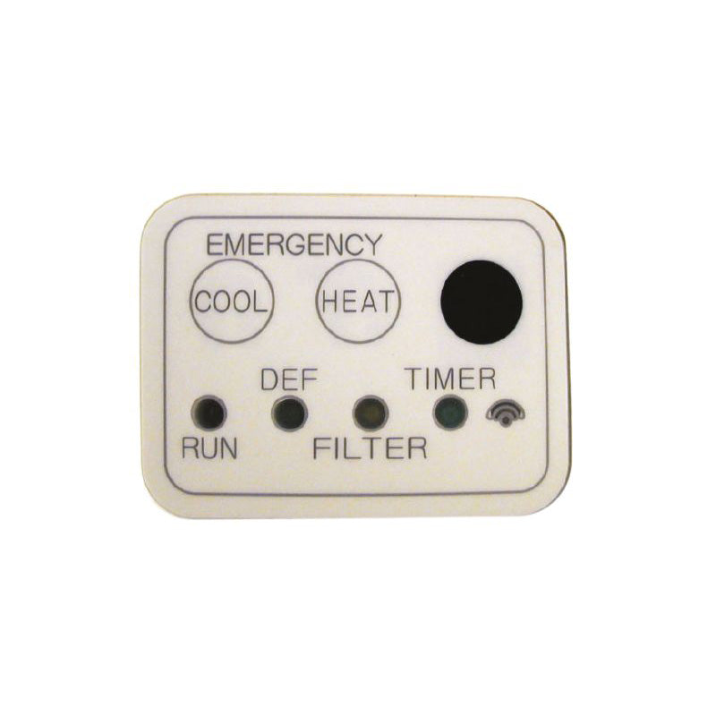 Control panel with buttons labeled 'Emergency', 'Cool', 'Heat', 'Defrost', 'Timer', 'Run', and 'Filter' on a white background.