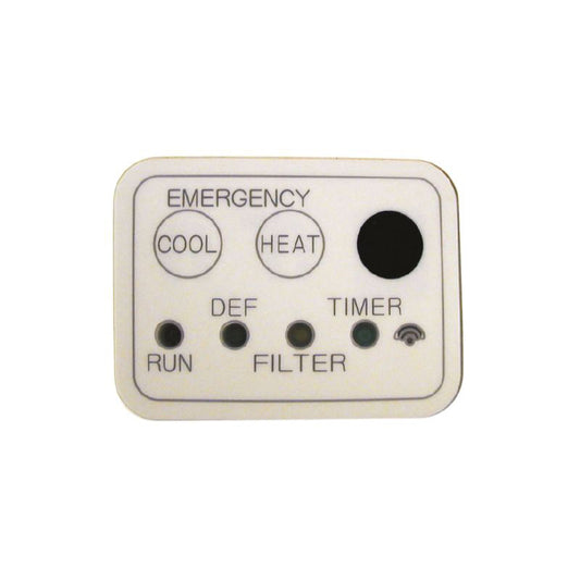 Control panel with buttons labeled 'Emergency', 'Cool', 'Heat', 'Defrost', 'Timer', 'Run', and 'Filter' on a white background.