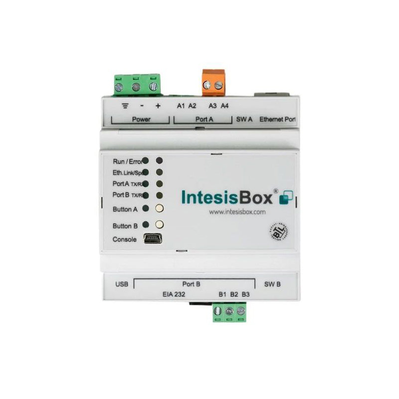 IntesisBox industrial control panel with various ports and labels on a white background
