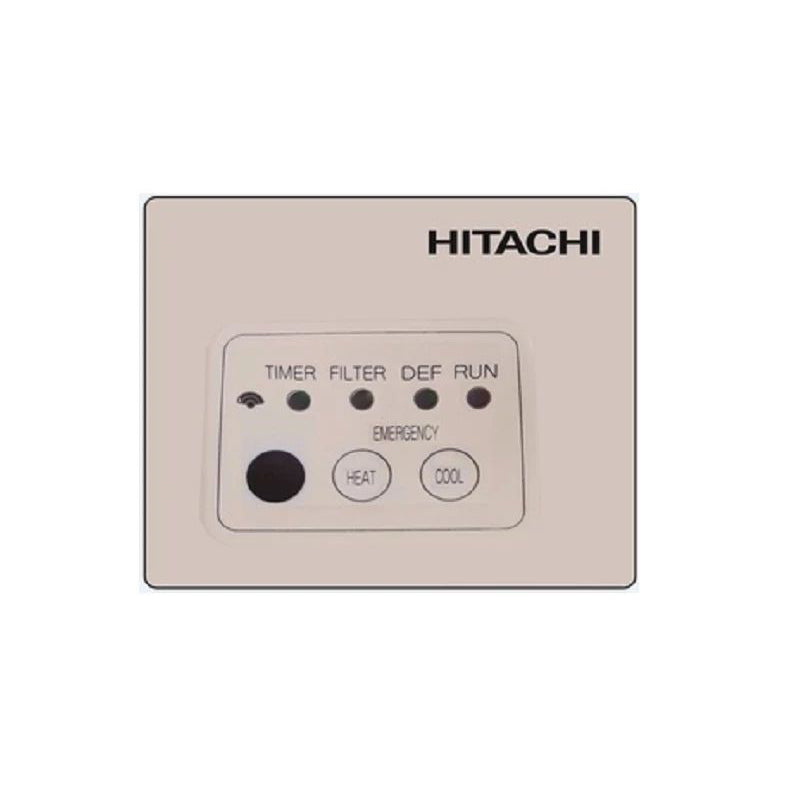 Hitachi control panel with buttons and labels on a beige background