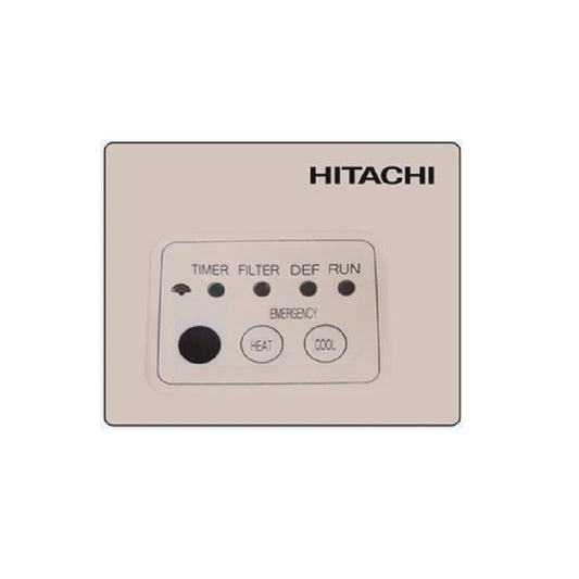 Hitachi control panel with buttons and labels on a beige background
