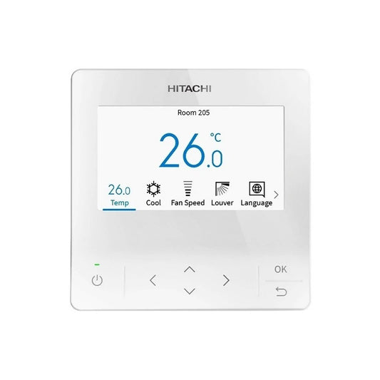 Hitachi thermostat with digital display on a white background