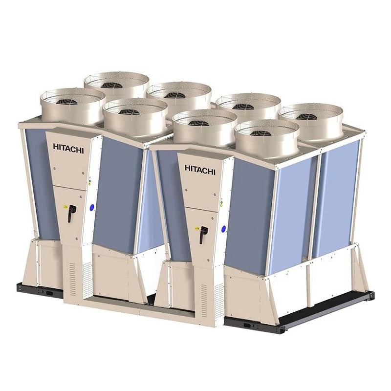Two Blue and Silver Hitachi chiller unit with multiple fans on a white background