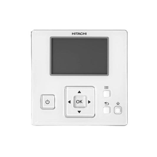 White Hitachi control panel with digital display and buttons on a white background