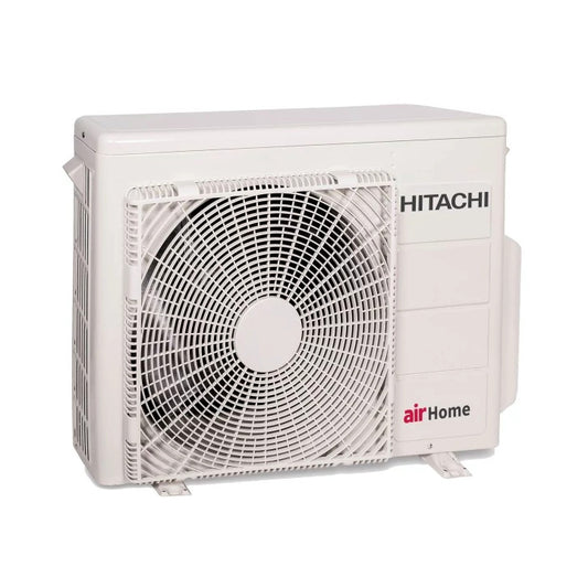 Hitachi outdoor air conditioning unit on a white background