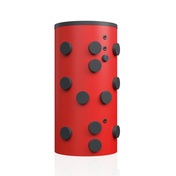 Red cylindrical buffer storage tank with black circular patterns on a white background