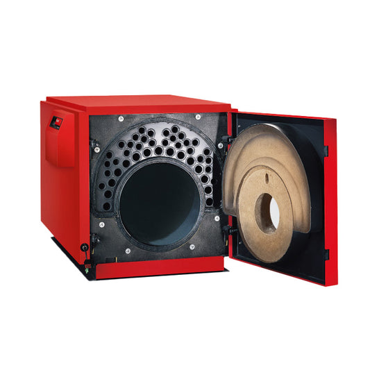 Red Hoval Max-3 boiler with the front opened on a white background