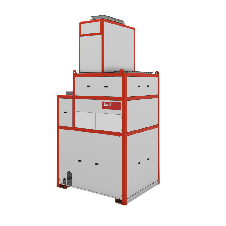 Red and white industrial machine with 'Hoval' branding on a white background