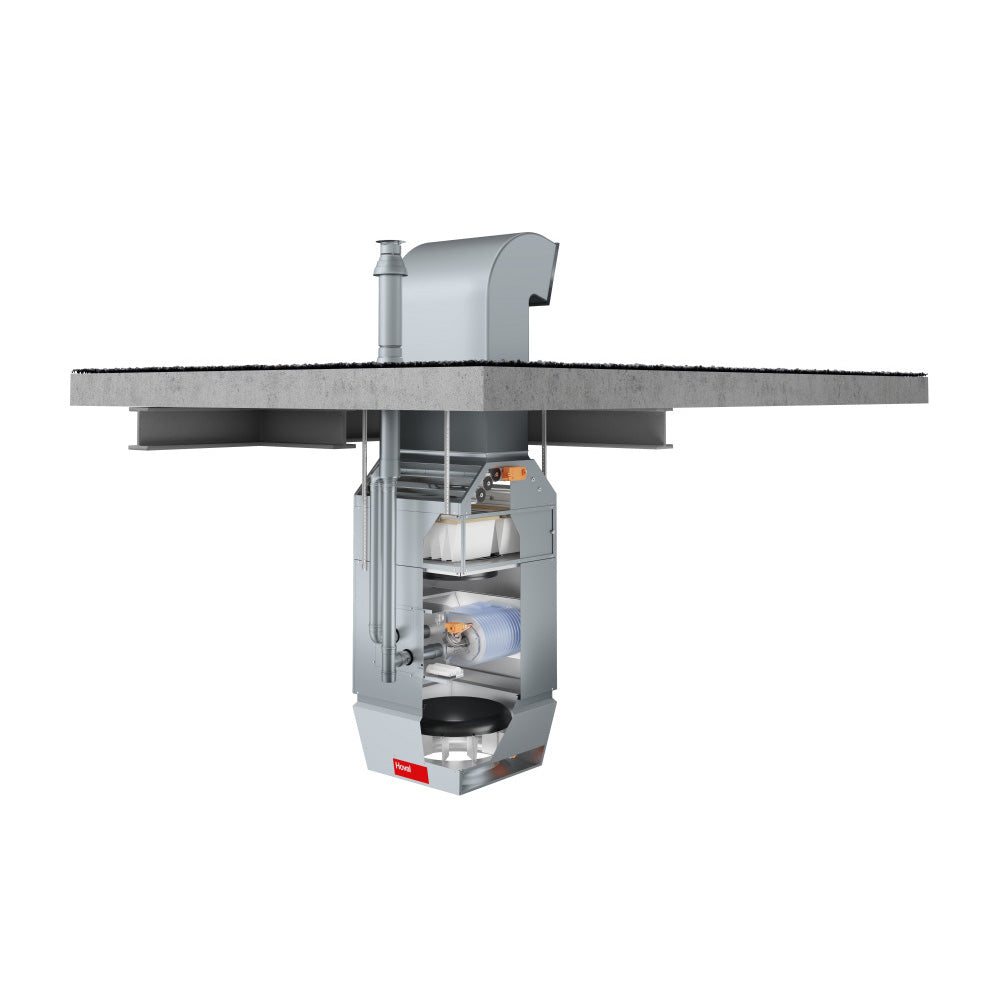 Hoval commercial ventilation unit with a view of internal components on a white background