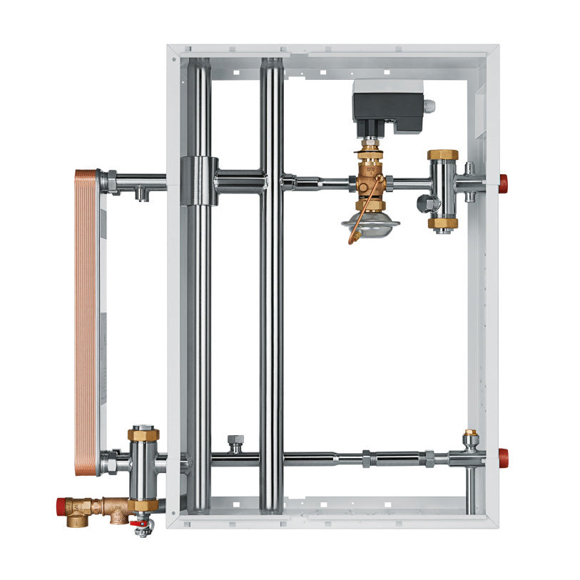 Mechanical plumbing system with pipes and valves on a white background