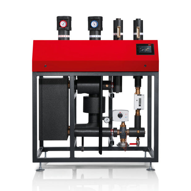 Front view of a red and black Hoval TransTherm system consisting of a red front panel with digital display and black piping in a metal frame