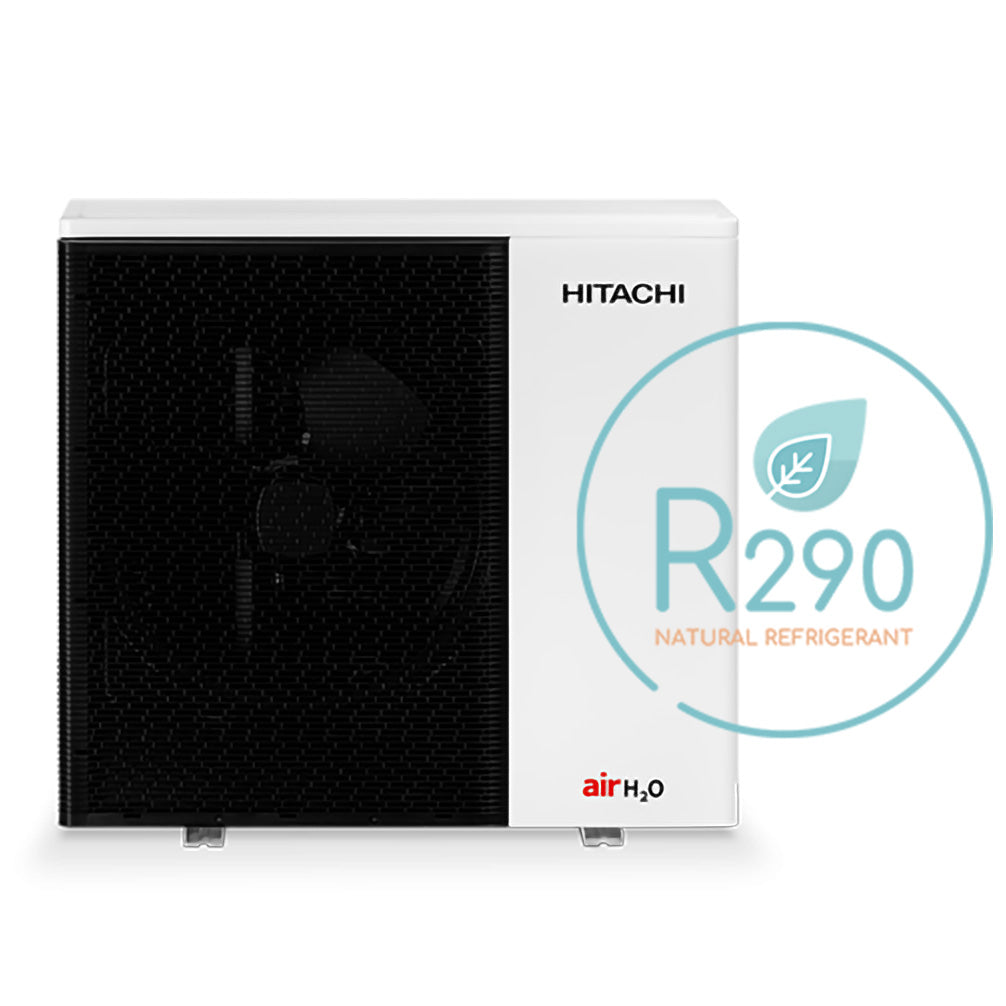 Hitachi air conditioning unit with R290 natural refrigerant label on a white background
