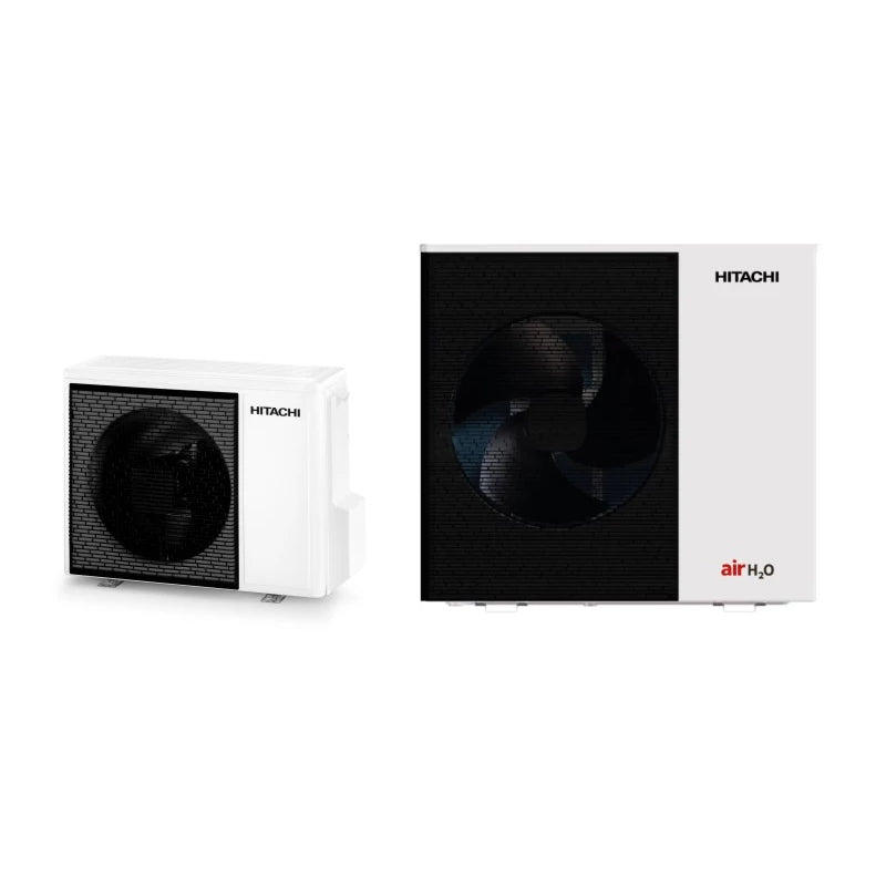 Two Hitachi air conditioning units on a white background