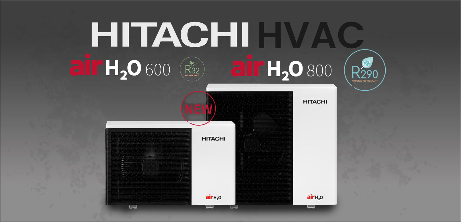 Hitachi HVAC air H2O 600 and 800 units on a gray background