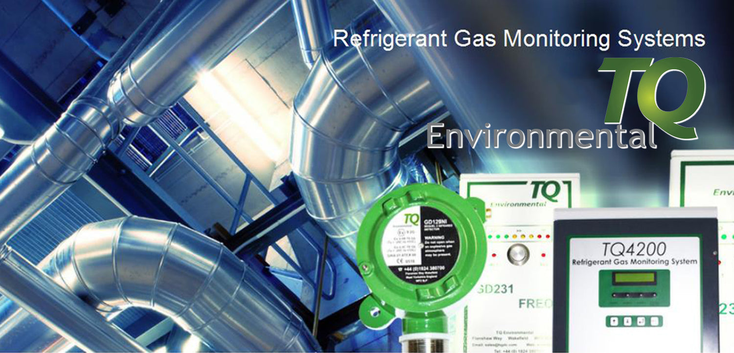 Refrigerant gas monitoring system with pipes and TQ Environmental branding.