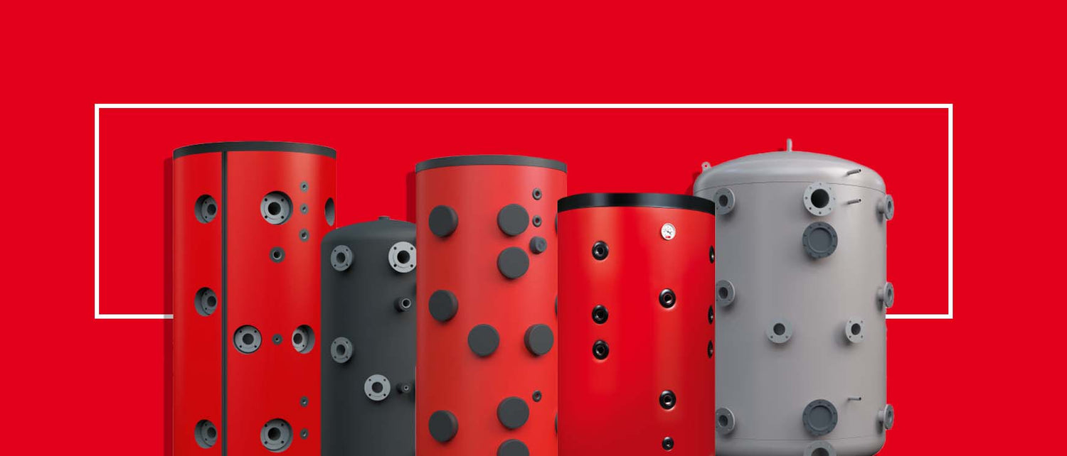 Set of cylindrical industrial tanks on a red background