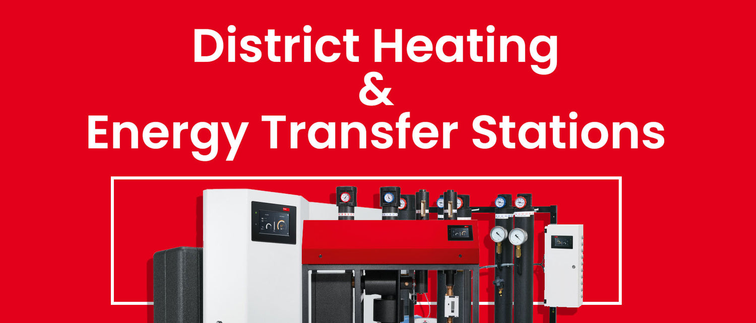 District heating and energy transfer station equipment on a red background with text.