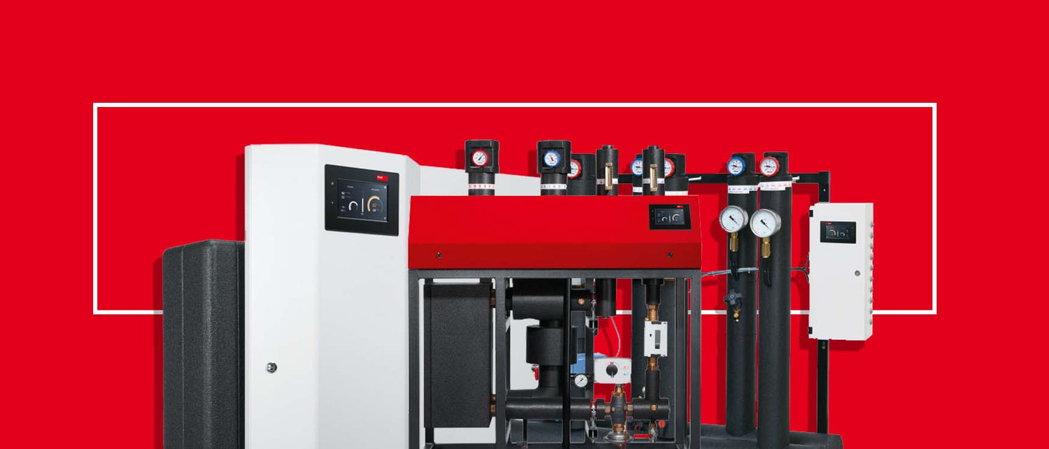 Various water heating systems on a red background