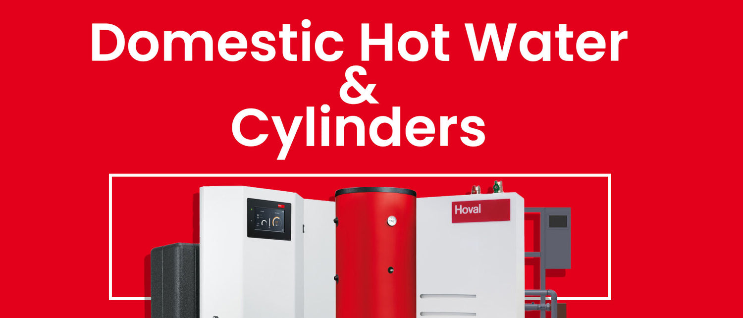 Advertisement for domestic hot water and cylinders with equipment on a red background