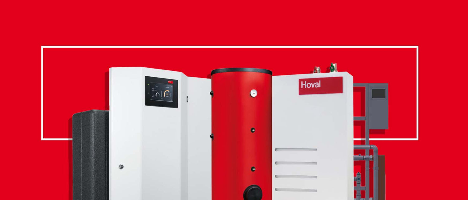 Heating system components on a red background with 'Hoval' branding.