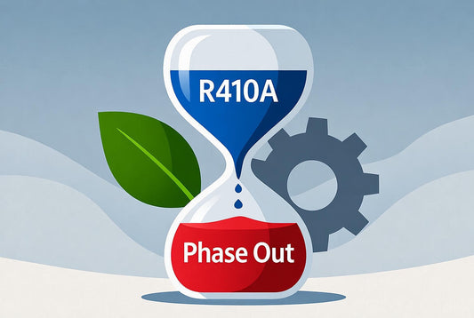 Image of an hourglass with 'R410A' labeled with blue sand at the top and 'Phase Out' at the bottom in red sand. a leaf, and gear are behind against a light blue background