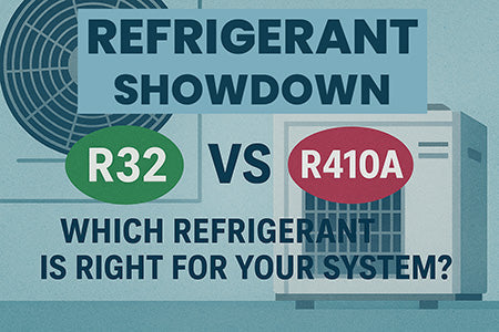 An illustration in muted greys and blues of air conditioning units with the text "Refrigerant Showdown. R32 VS R410A - Which refrigerant is right for your system?" overlaid on the top