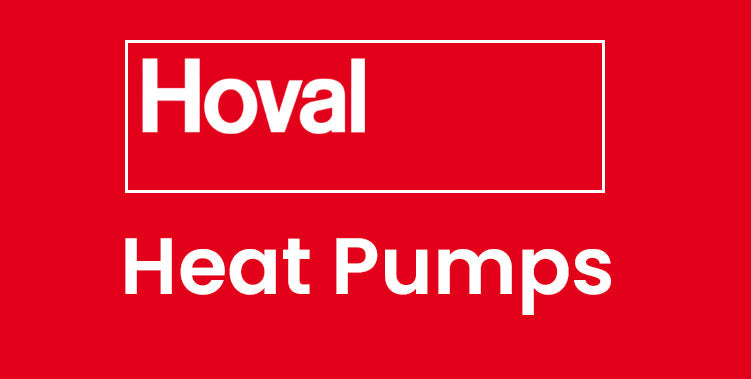White text that reads "Hoval" at the top inside a white rectangle and "Heat Pumps" at the bottom set against a red background