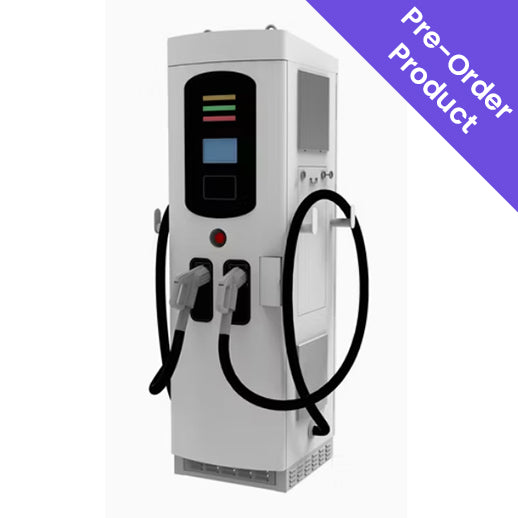 Electric vehicle charging station with pre-order product text on a white background
