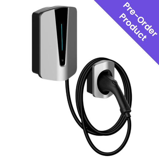 Silver wall-mounted car charging device with a black cable on a white background, labeled as a pre-order product.