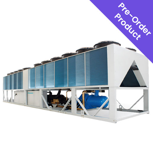 Large industrial air conditioning system with blue and white color scheme on a white background.
