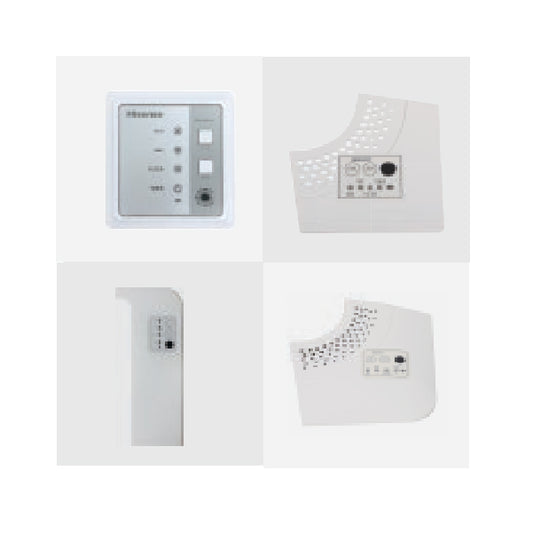 Set of Hitachi electronic control units on a white and grey background