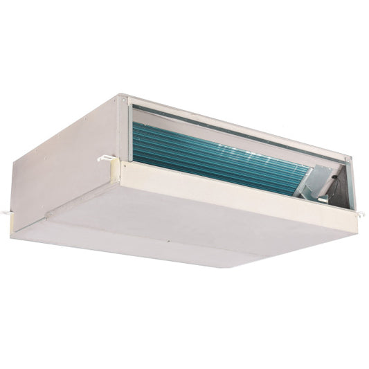 Ceiling-mounted air conditioning unit with a white frame and blue interior on a white background