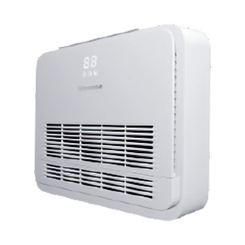 White wall-mounted hvac unit with digital display on a white background