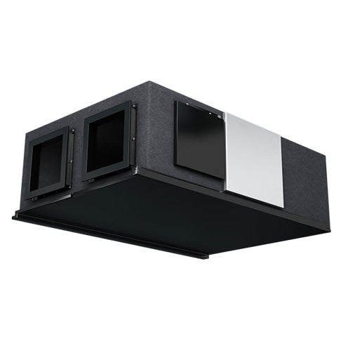 Ceiling-mounted air conditioning unit with black and silver design on a white background