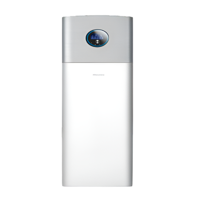 White modern Indoor Heat Pump with a blue light on a white background