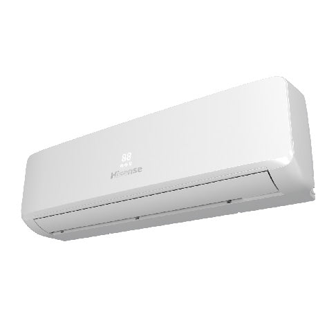 White air conditioner with a Hisense brand logo on a white background