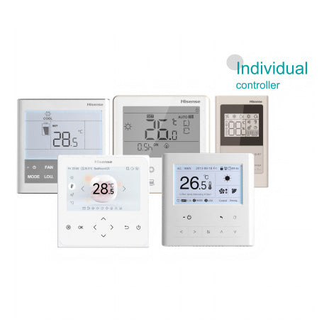 Set of individual controllers with digital displays on a white background
