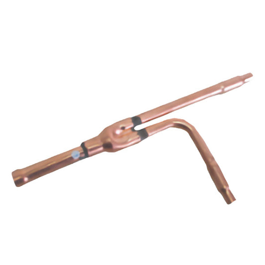 Brass pipe kit that branches off into two pipes set against a white background