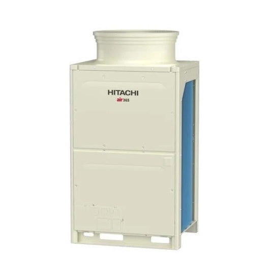 Beige Hitachi air conditioning unit with blue accents on a white background