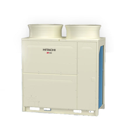 Large beige Hitachi air conditioning unit with blue accents on a white background