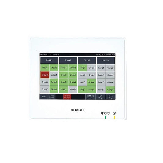 Hitachi touchscreen display with user interface on a white background