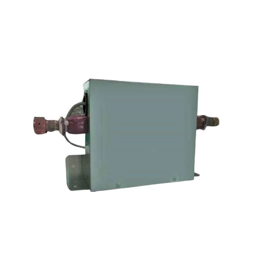 Grey metal box with inlet and outlet set against a white background