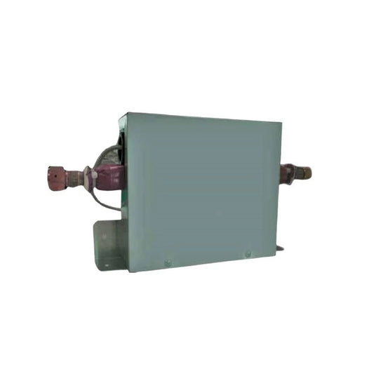 Grey metal box with inlet and outlet set against a white background