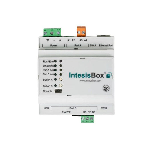 IntesisBox industrial control panel with various ports and labels on a white background